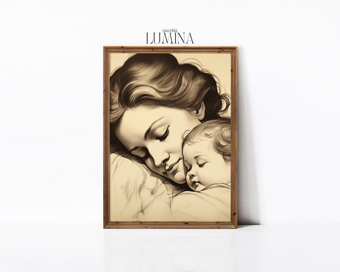 Antique Mother And Child Drawing Vintage Mom And Baby Sketch Neutral Line Drawing Mother Days Gifts Art Frame Tv Art 494 - Image 3