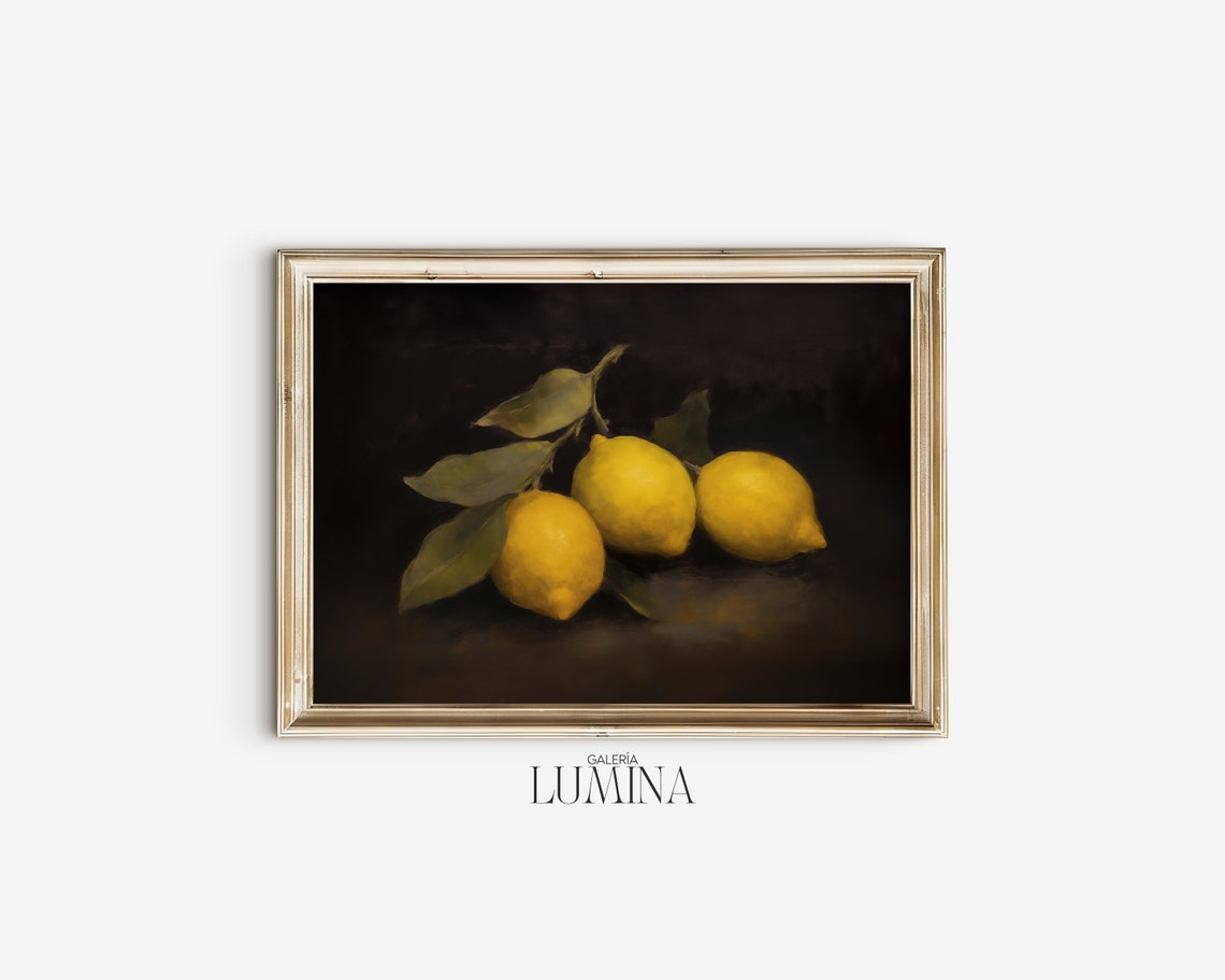 Moody Lemon Oil Painting Vintage Kitchen Still Life Painting Dark Fruit Wall Art French Country Decor Art Frame Tv Art 175 - Image 2