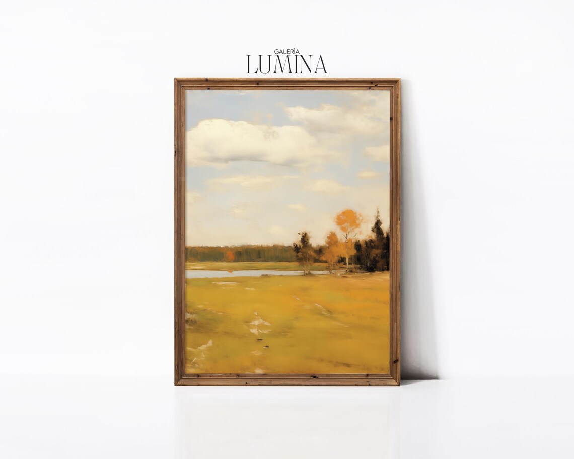 Minimalist Autumn Marsh Meadow Golden Field And Pond Oil Poster - Image 3