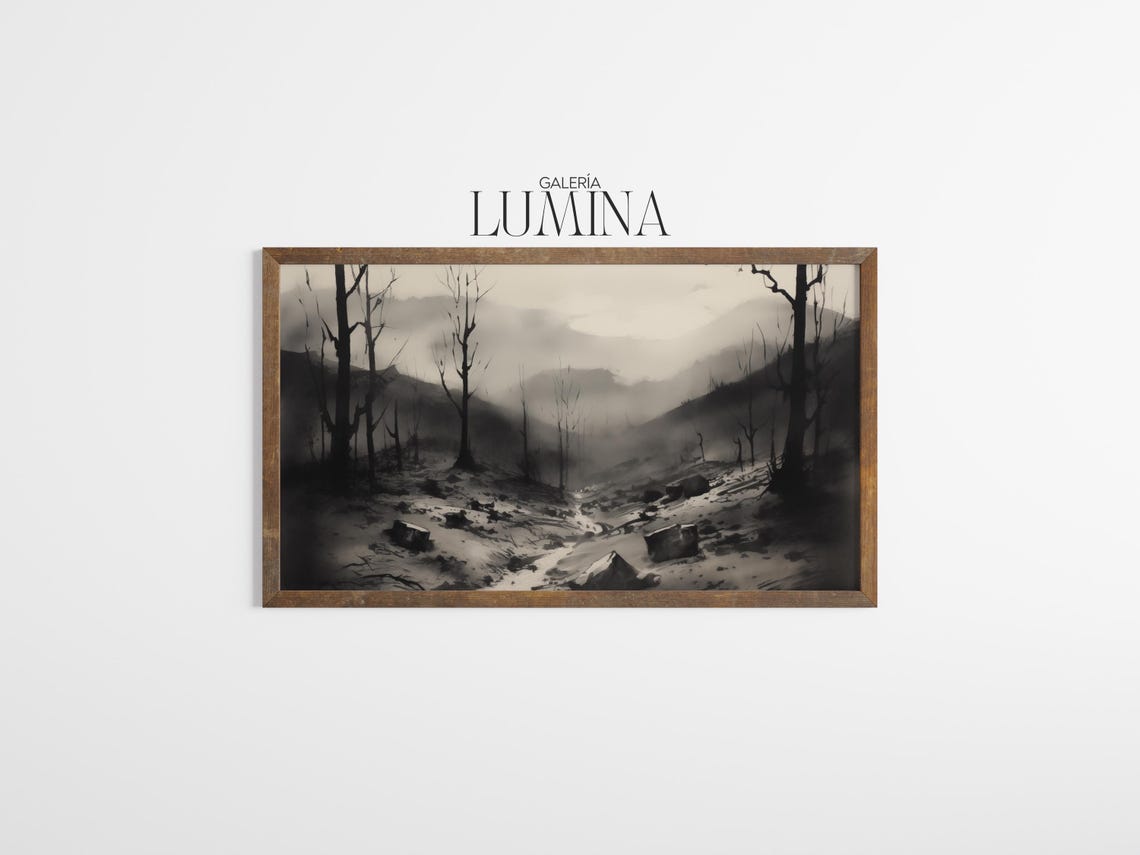 Dark Misty Wilderness with Bare Trees Sumi Ink Landscape Poster - Image 3