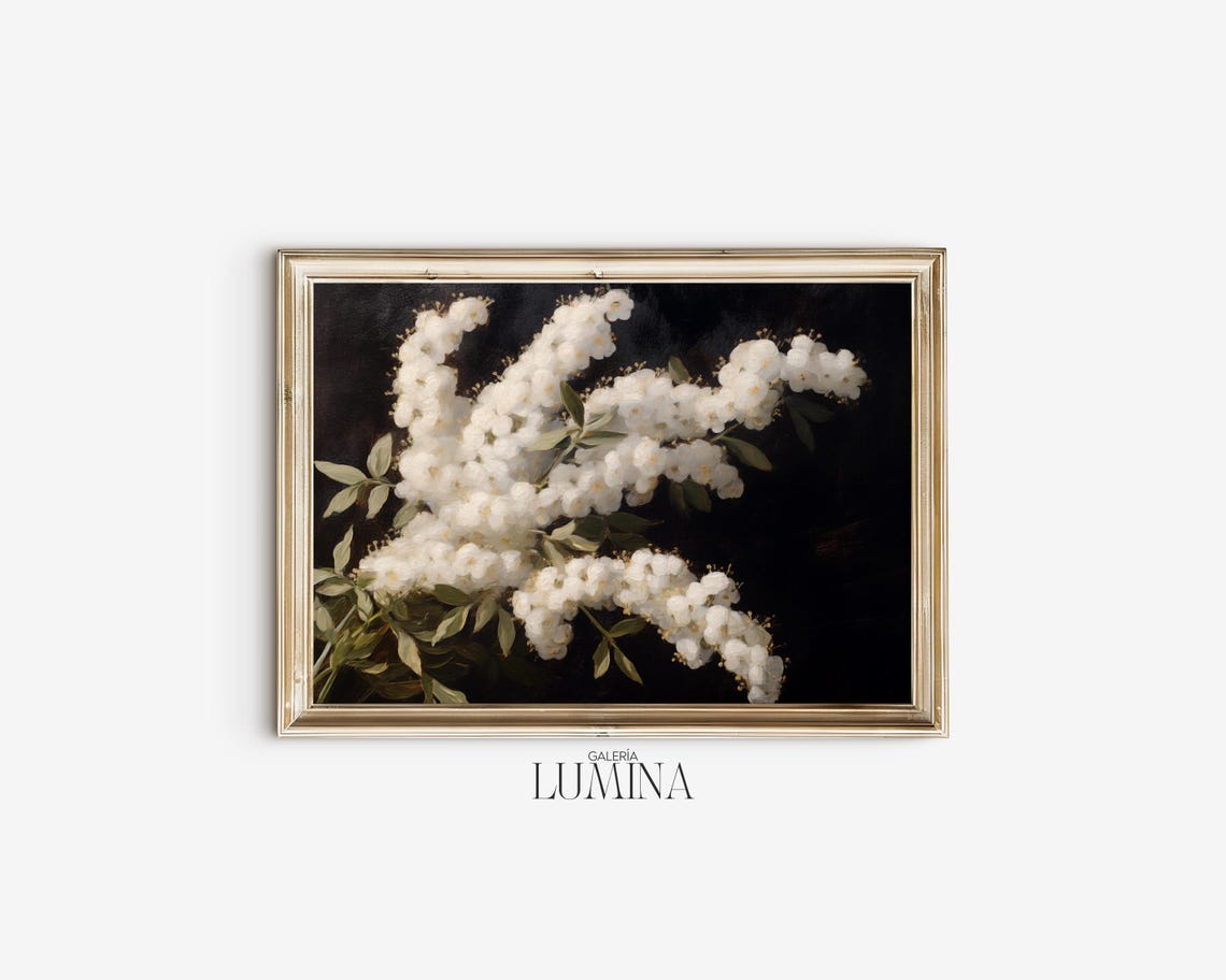 White Spirea Blossoms on Dark Background Vintage Floral Poster - Image 2
