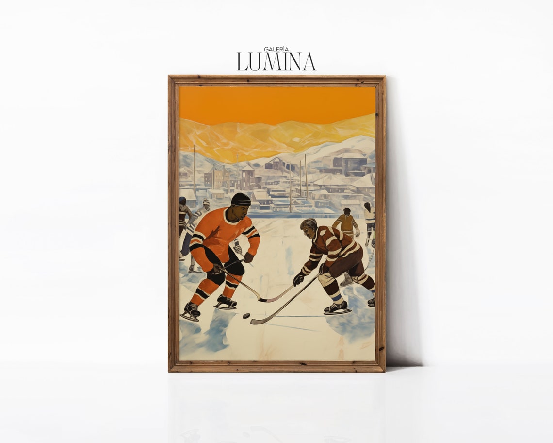 Vintage Ice Hockey Painting Winter Sports Wall Art Mountains Landscape Teen Boys Bedroom Wall Decor Art Frame Tv Art 200 - Image 3