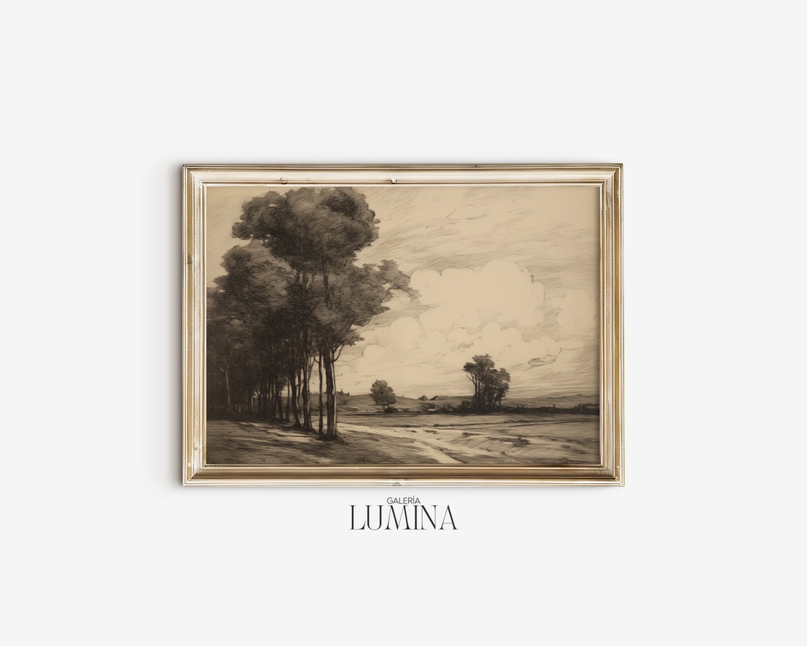 English Countryside And Trees Etching Moody Landscape Drawing Dark Scenery Wall Art Woodblock Print Art Frame Tv Art 168 - Image 2