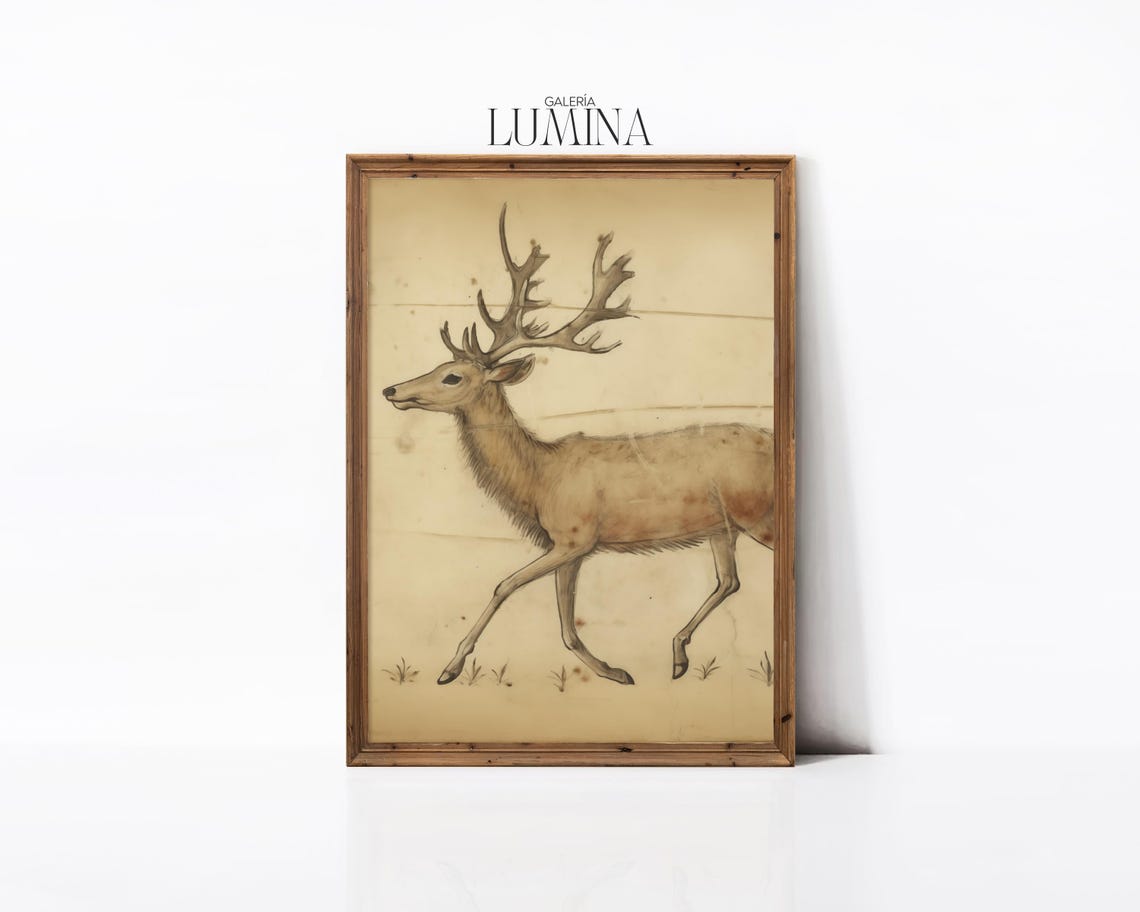 Antique Stag Sketch Medieval Manuscript Style Deer Drawing Poster - Image 3