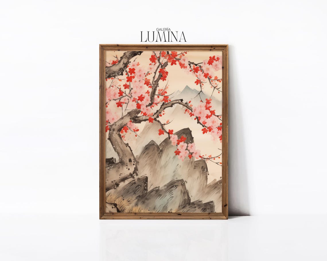 Japanese Cherry Blossom Tree Mountain Ink Painting Asian Poster - Image 2