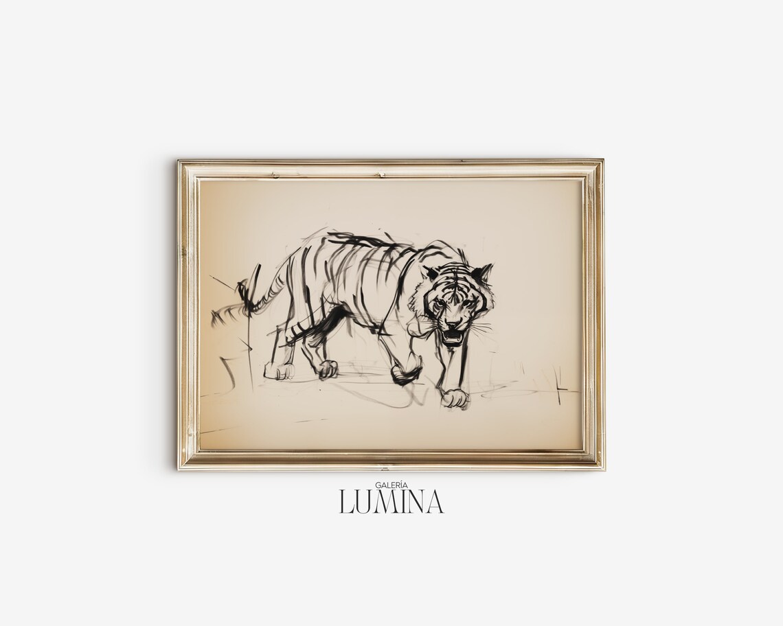 Pacing Tiger Ink Sketch Bold Wildlife Drawing Neutral Art Poster - Image 2