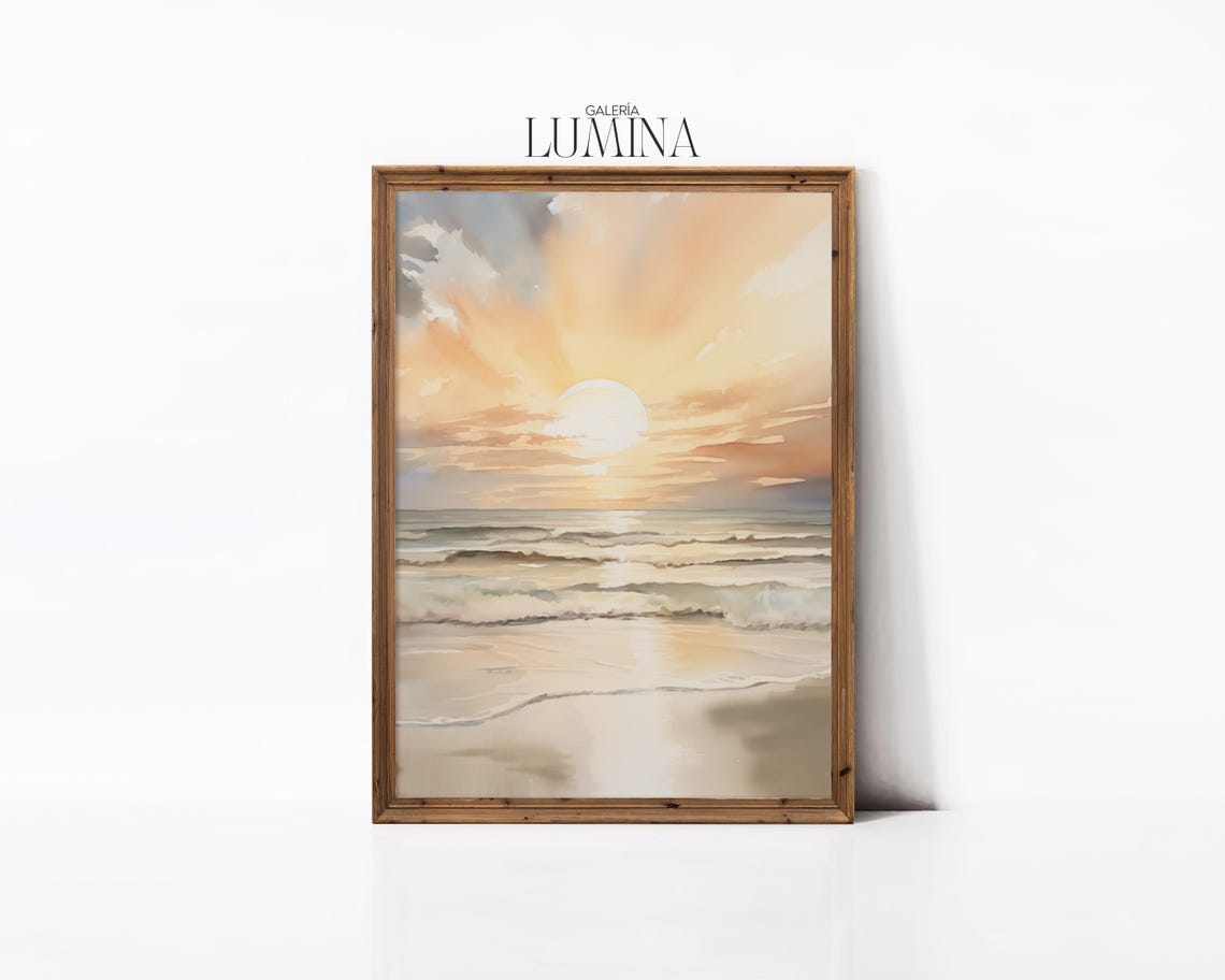Golden Ocean Sunset with Sun Rays Over Waves Watercolor Poster - Image 2