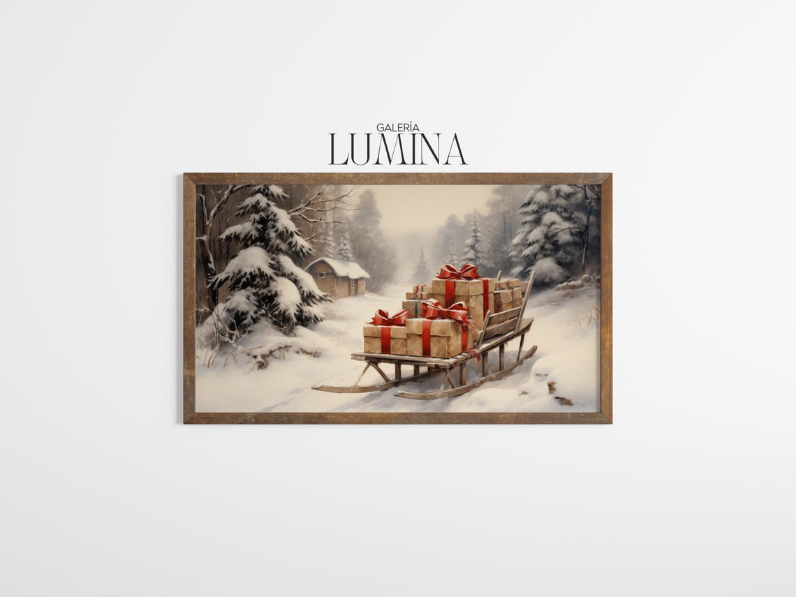 Gift Laden Wooden Sled in Snow Christmas Cabin Scene Art Poster - Image 3
