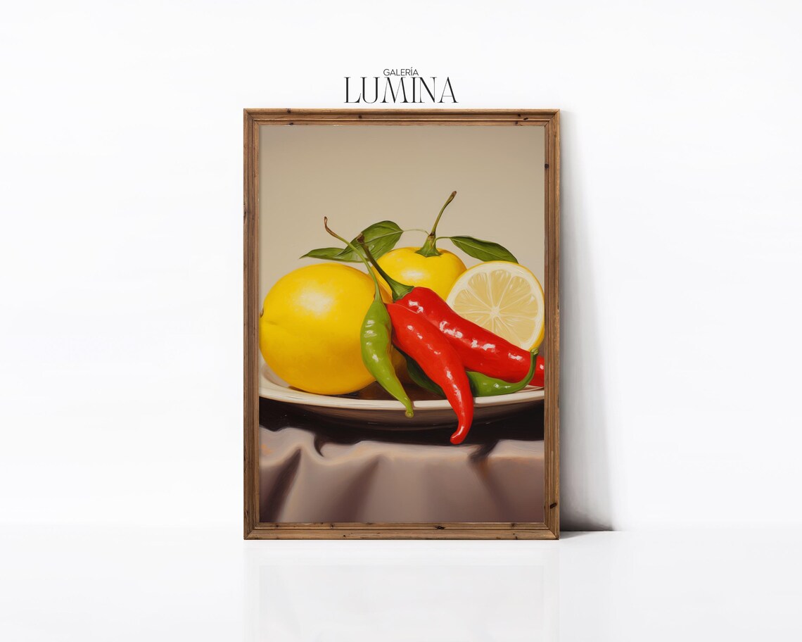 Lemon And Chilli Peppers Oil Painting Kitchen Wall Art Citrus And Spicy Pepper Still Life Artwork Art Frame Tv Art 953 - Image 2