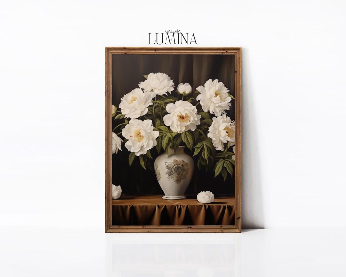 Vintage White Peonies In Vase, Floral Still Life Art Print - Image 2