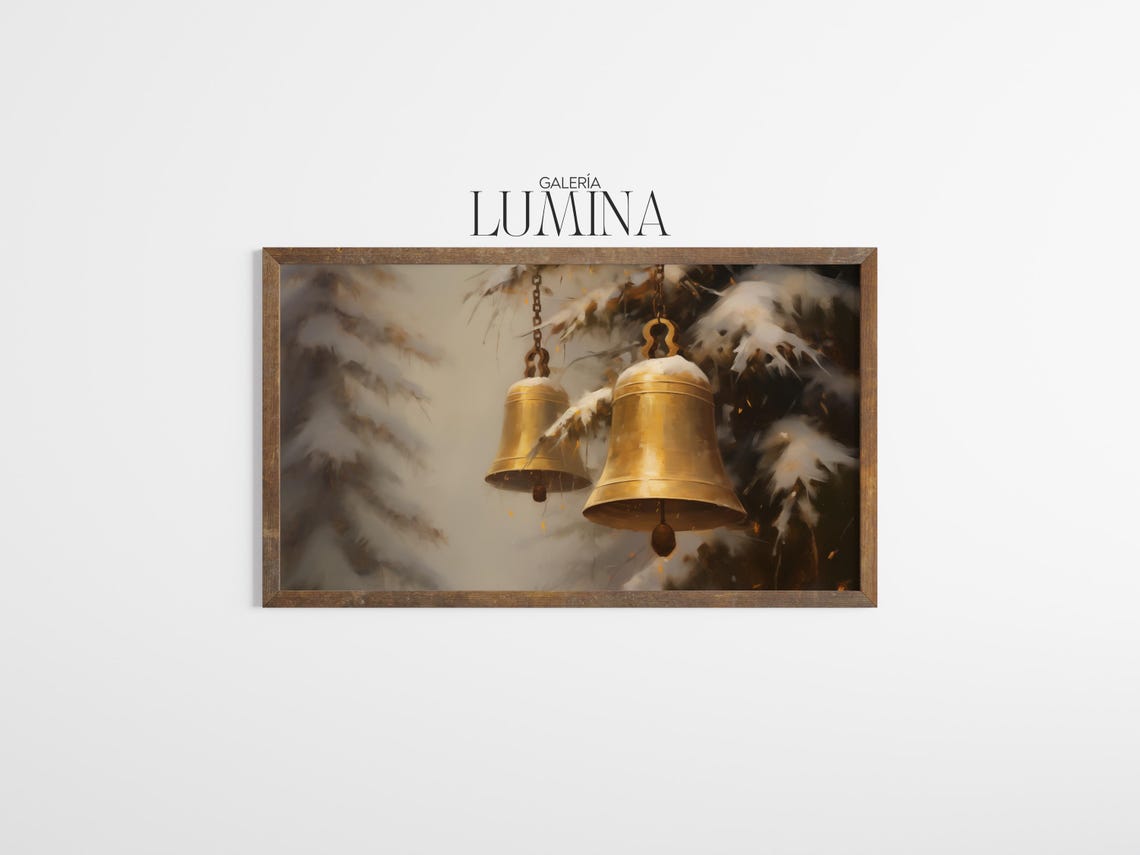 Two Brass Bells on Chains Hanging From Snowy Pine Branches Poster - Image 3