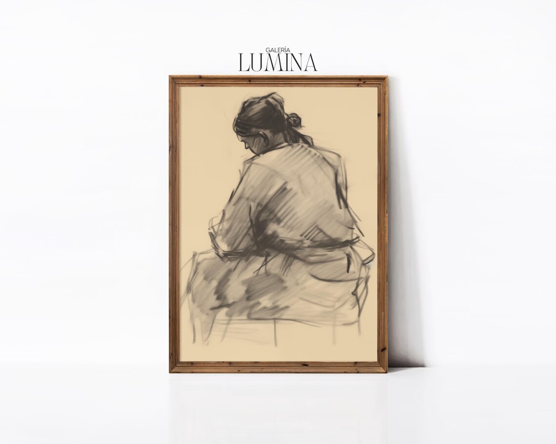 Seated Woman Figure Study Charcoal Sketch Neutral Minimalist Art Poster - Image 3