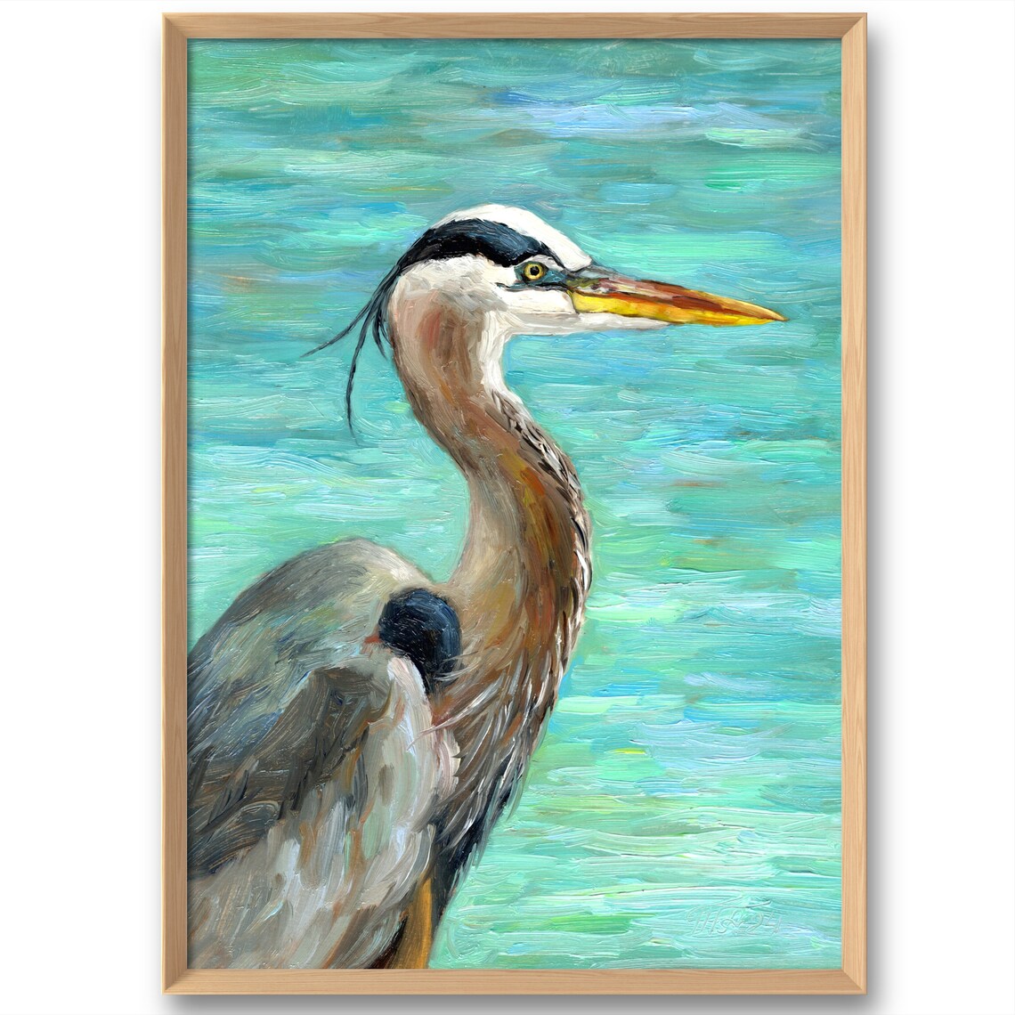 Blue Heron Art Print, Coastal Bird Painting