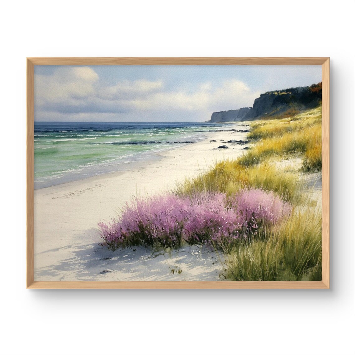 Irish Coastal Beach Watercolor Poster With Pink Wildflowers Scene