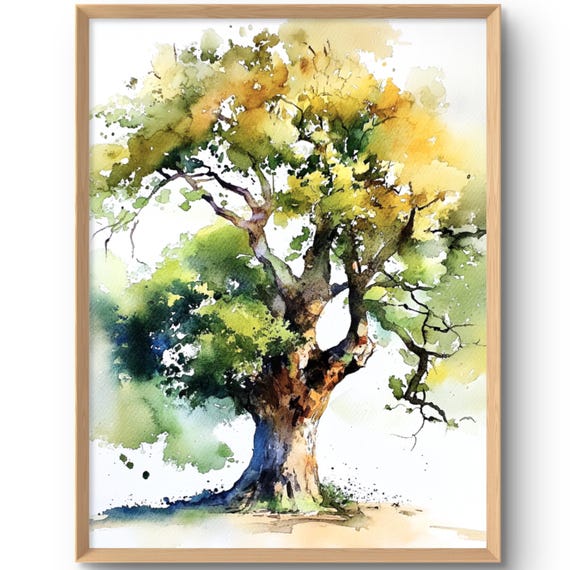 Oak Art Print Solitary Tree Wall Green Yellow Watercolor Style Poster Single Decor Fine
