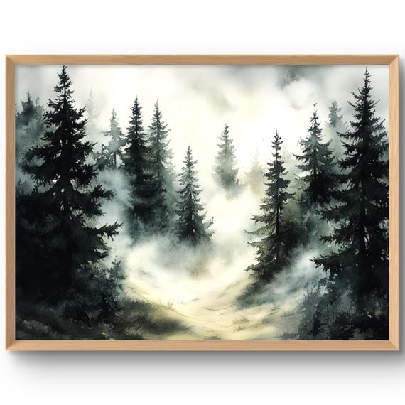Misty Forest Art Print Pine Trees Painting Foggy Landscape Wall Calming Watercolor Style Decor