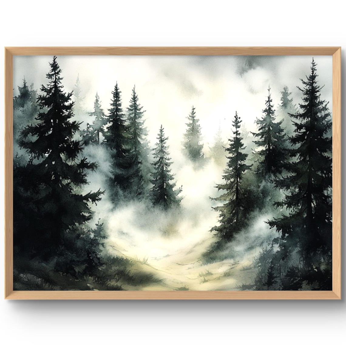 Dark Misty Pine Forest Watercolor Fog Woodland Calm Art Poster