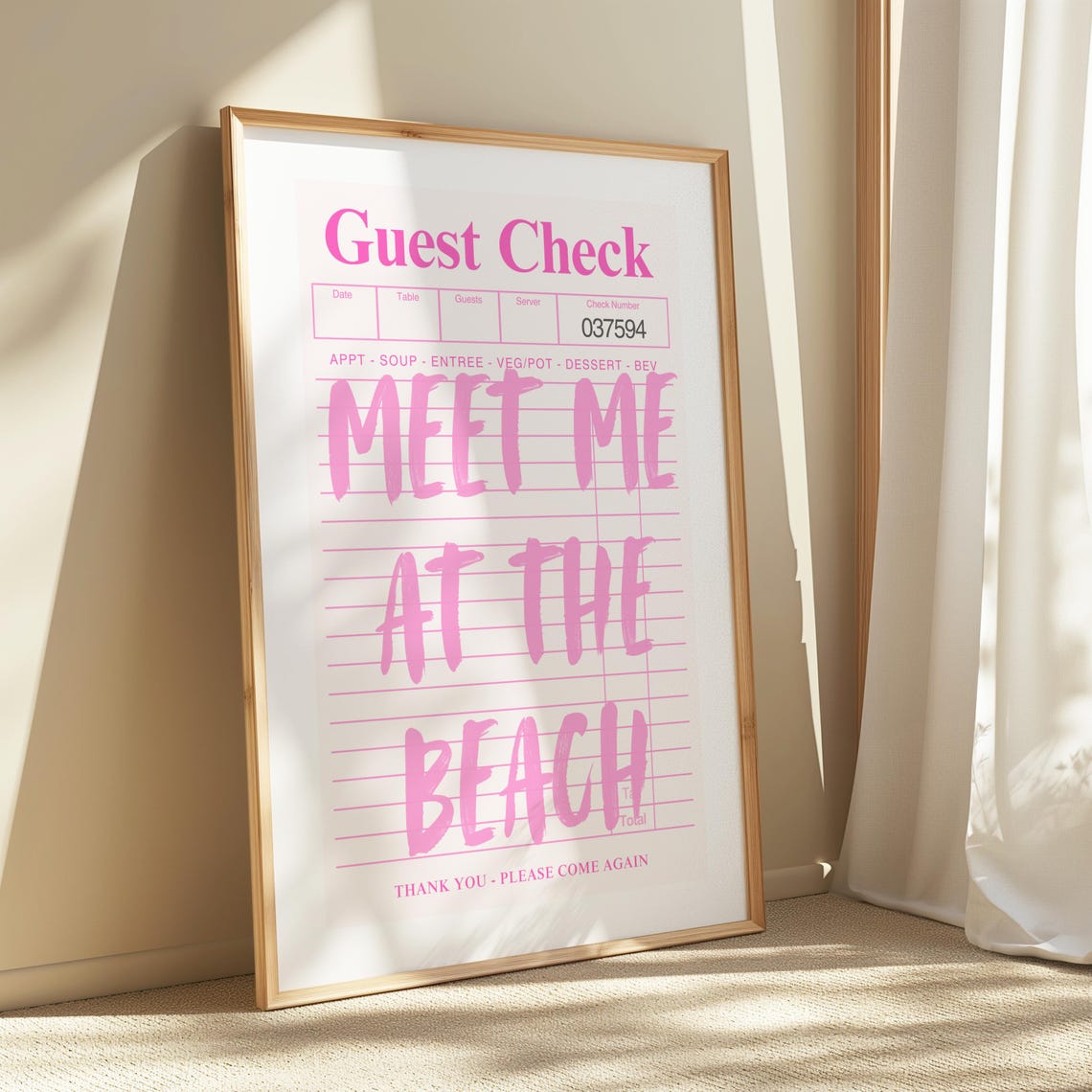 Meet Me At The Beach Pink Guest Check Retro Coastal Art Poster