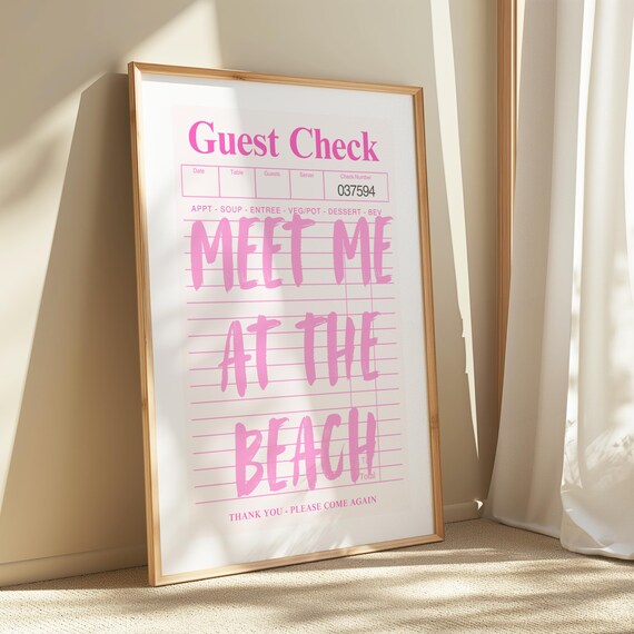 Meet Me At The Beach Pink Guest Check Retro Coastal Art Poster