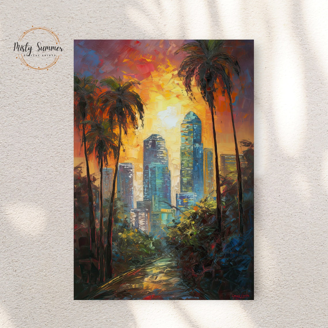 Downtown Skyline Palm Trees Sunset City Glow Impressionist Wall Poster