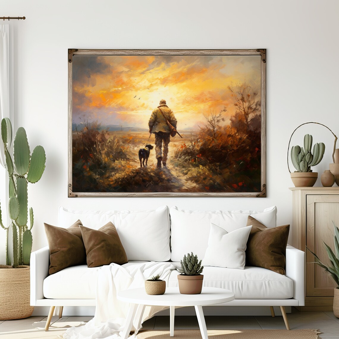 Hunter With Dog Walking Into Golden Sunset Field Hunting Art Wall Poster - Image 4