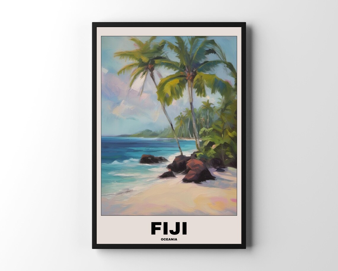 Fiji Beach Painting, Scenic Tropical Travel Poster