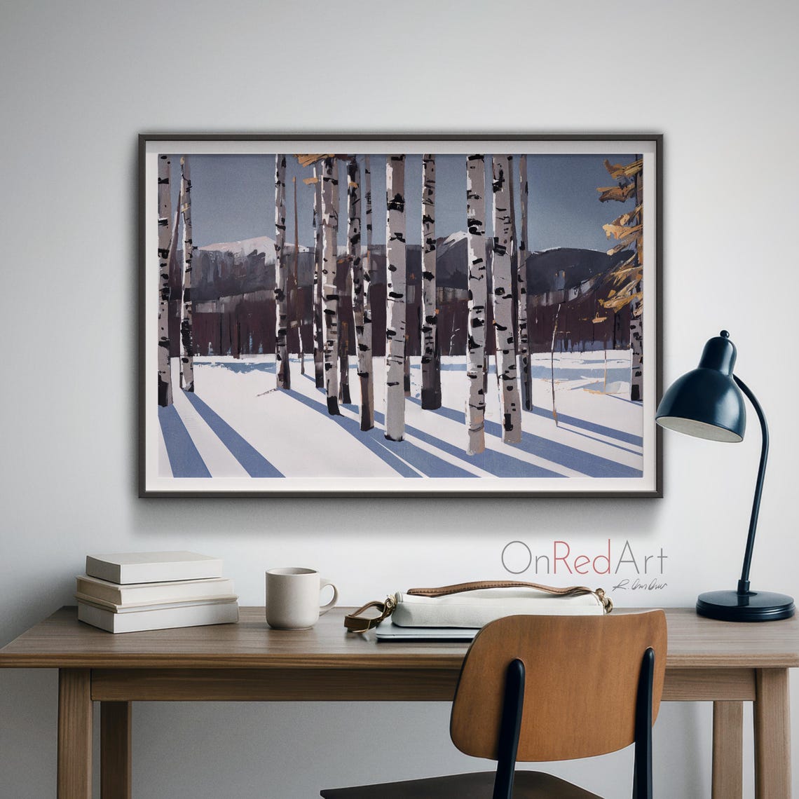 Winter Birch Forest Snow Blue Shadows Minimalist Landscape Print