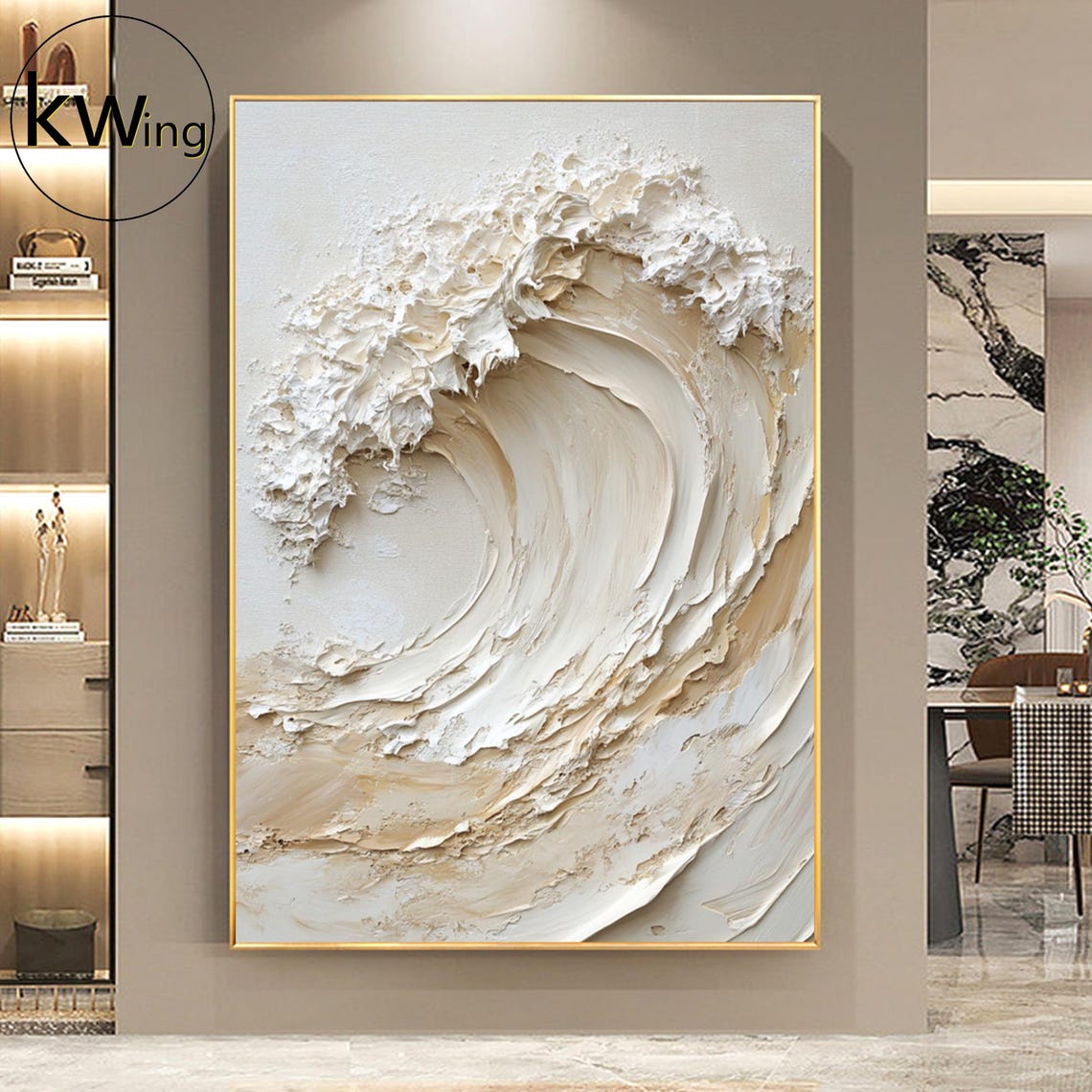 Beige White Curling Ocean Wave 3D Texture Painting Wall Art Poster - Image 3