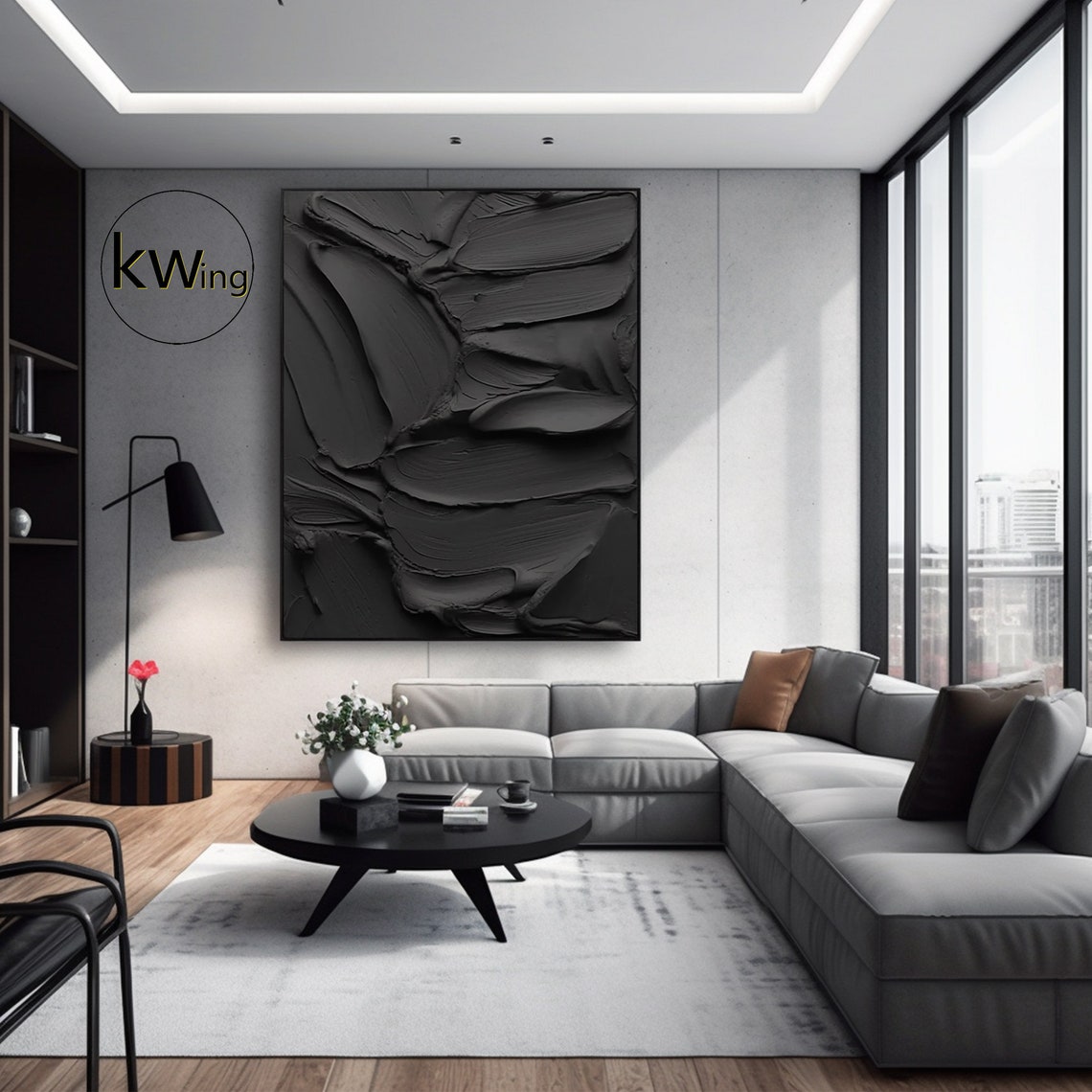 Black 3D Plaster Texture Abstract Painting Moody Minimalist Art Poster - Image 2