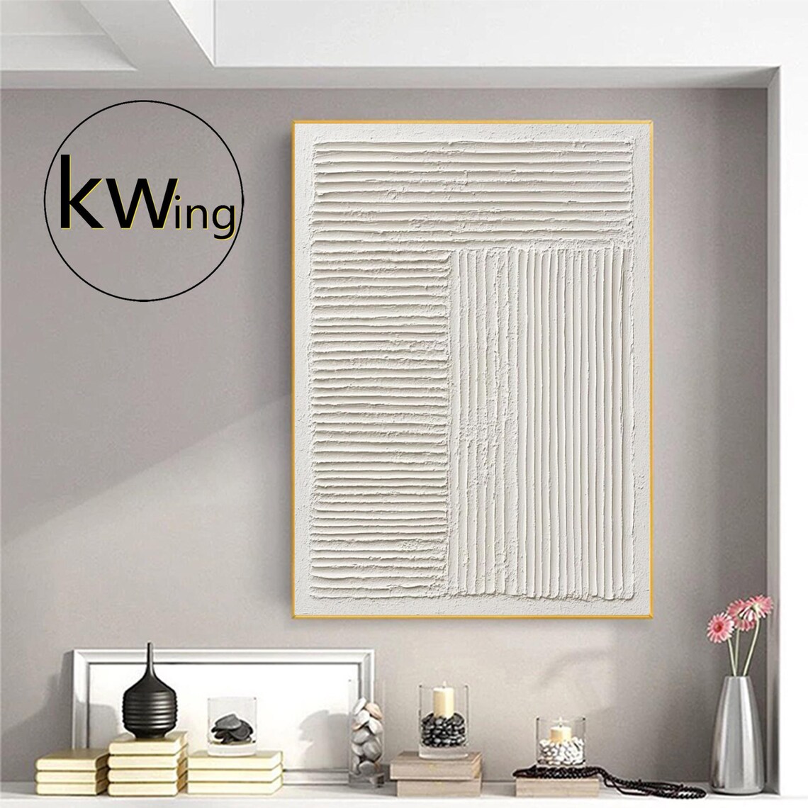 White Striped Geometric 3D Texture Abstract Painting Minimalist Poster - Image 2