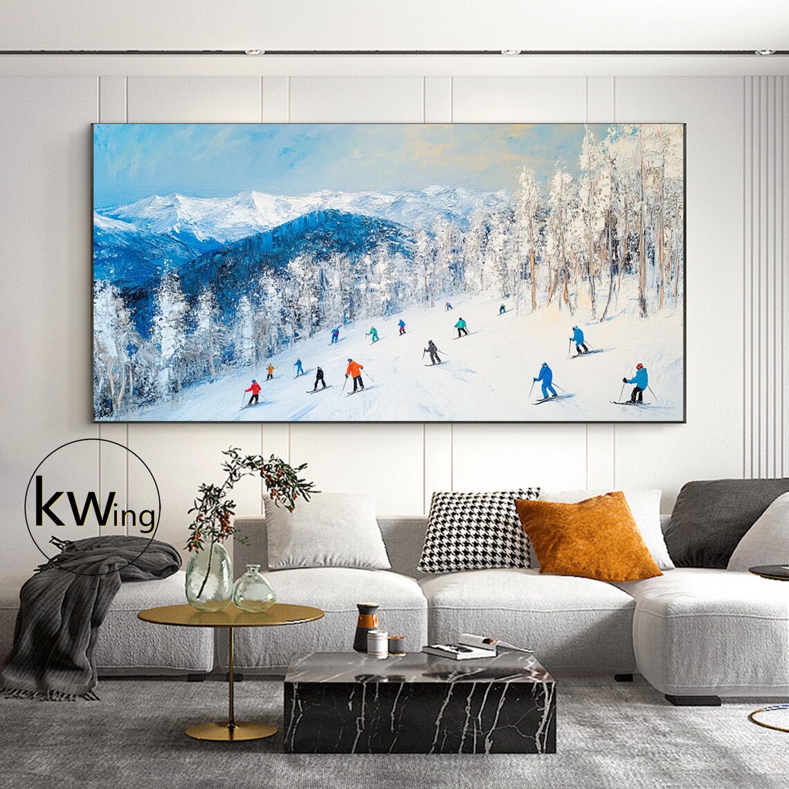 Skiers Gliding Down Snowy Slopes Blue Mountains Winter Sports Poster - Image 3