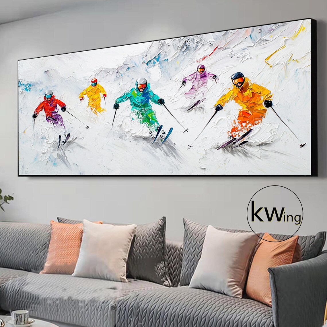 Five Colorful Skiers Racing Down Snowy Mountains Impasto Style Poster - Image 3
