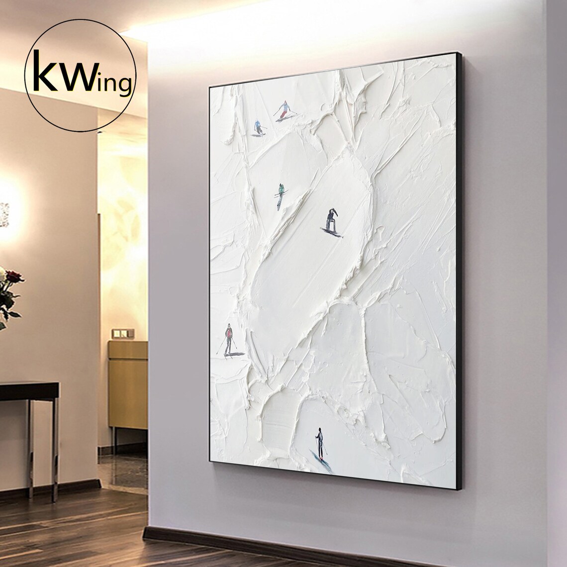 Skiers Descending Snowy White Slope Textured Winter Sports Art Poster - Image 4