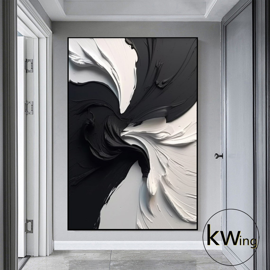 Black White Pinwheel Swirl Abstract 3D Texture Painting Art Poster - Image 3