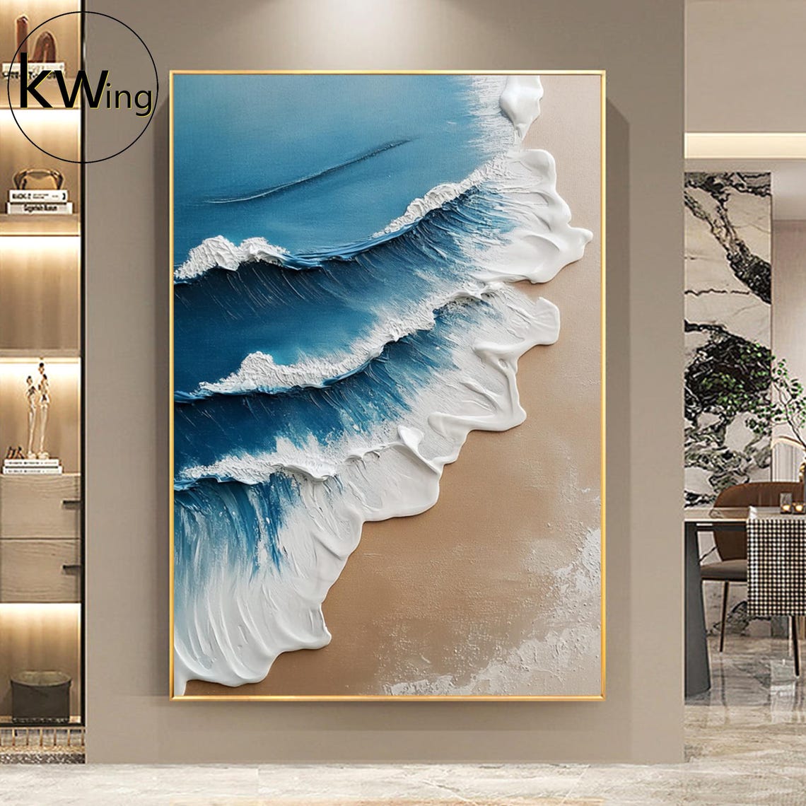 Blue White Ocean Waves Sand Beach Aerial 3D Texture Art Poster - Image 4