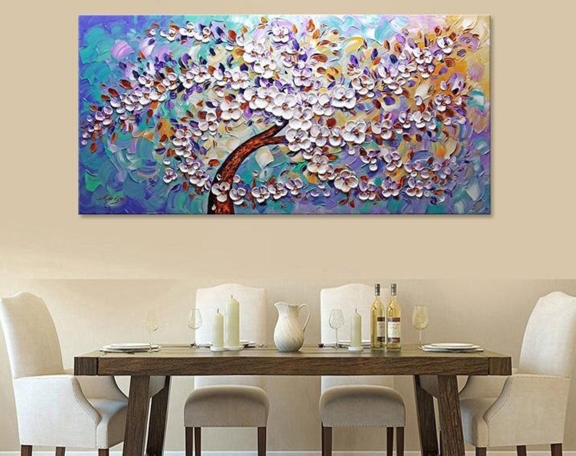 White Purple Blossom Tree On Turquoise Abstract Oil Paint Poster
