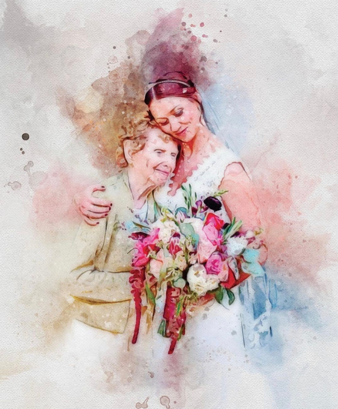 Custom Watercolor Bride And Mother Embrace Wedding Portrait Poster - Image 4