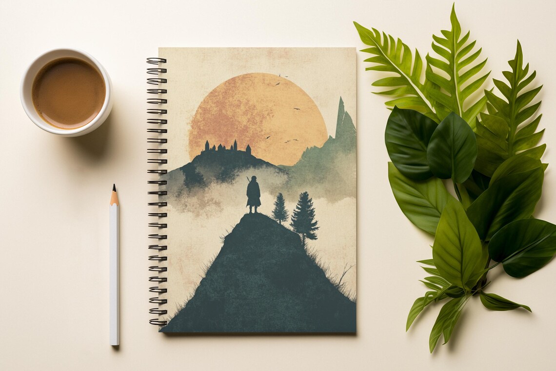 Mountain Traveler Silhouette Giant Sun Watercolor Adventure Art Print