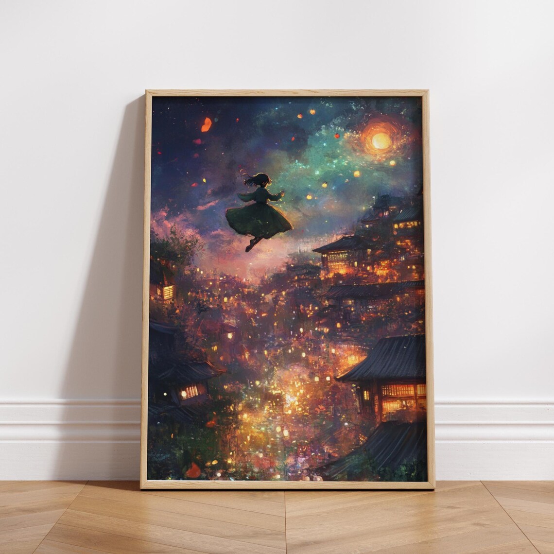 Whimsical Fantasy City Art Print, Magical Night Sky