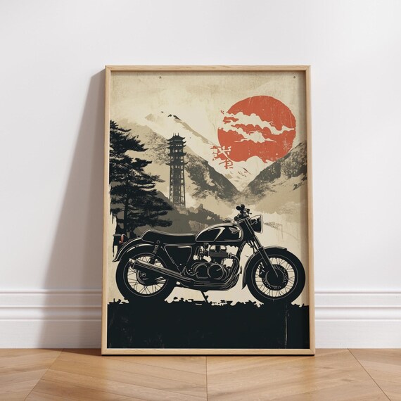 Cafe Racer In Japanese Landscape Vintage Motorcycle Poster Rising Sun Art Print Zen Moto Wall Decor Biker Gift Retro Japan Style