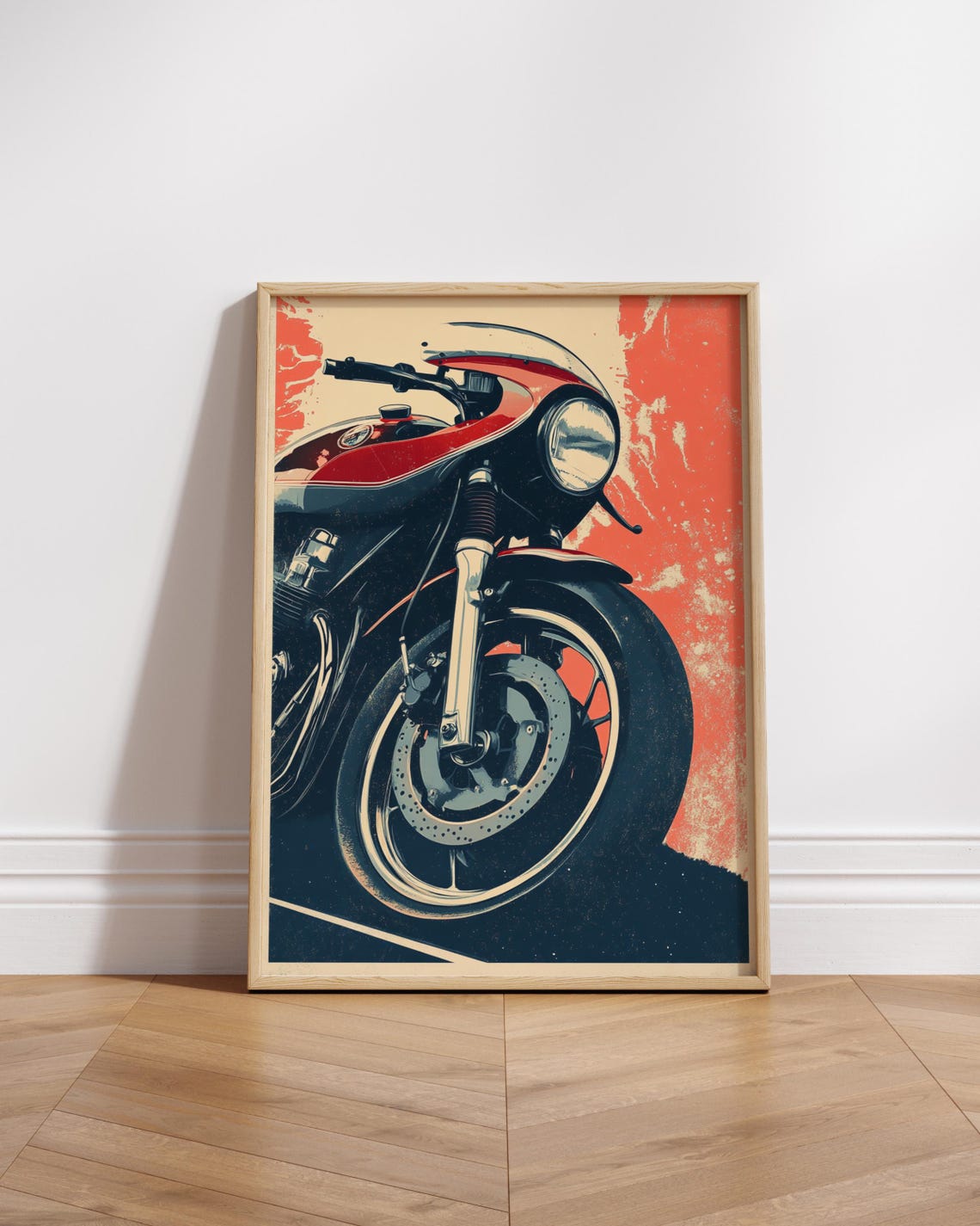 Cafe Racer Motorcycle Close Up Retro Orange Cream Vintage Art Poster