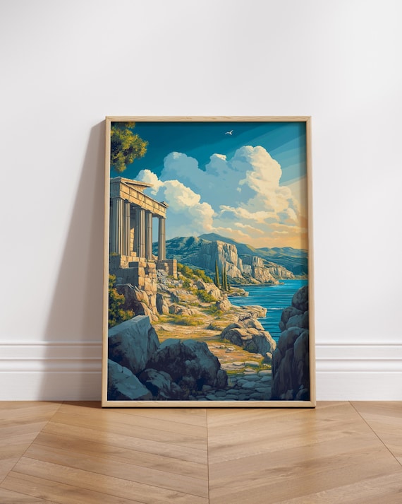 Ancient Greek Temple Ruins Overlooking Rocky Coast Travel Art Poster