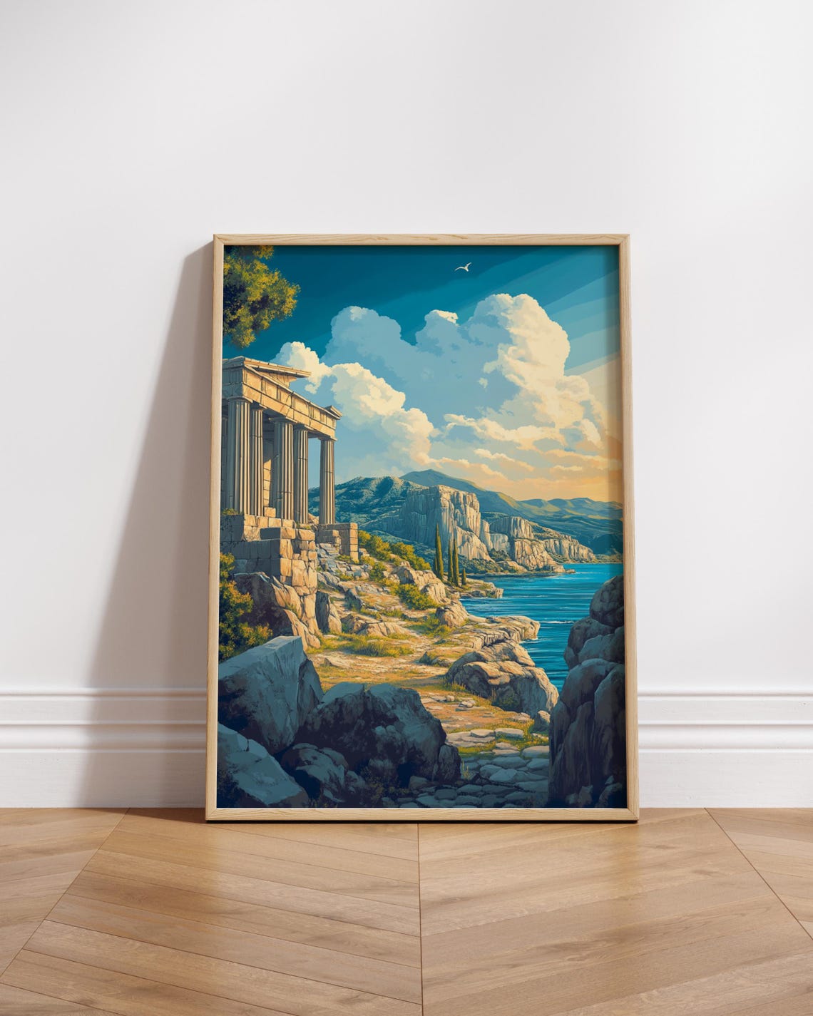 Ancient Greek Temple Ruins Overlooking Rocky Coast Travel Art Poster