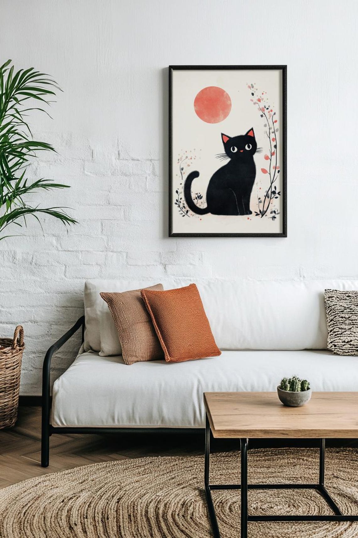 Cute Black Cat Under Red Sun Minimalist Floral Watercolor Poster - Image 3