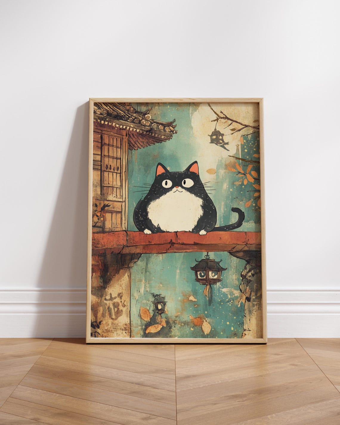 Chubby Black And White Cat Japanese Temple Autumn Kawaii Poster