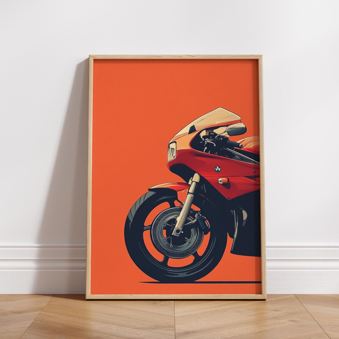 Red BMW Sport Motorcycle Front Detail Orange Background Bike Poster