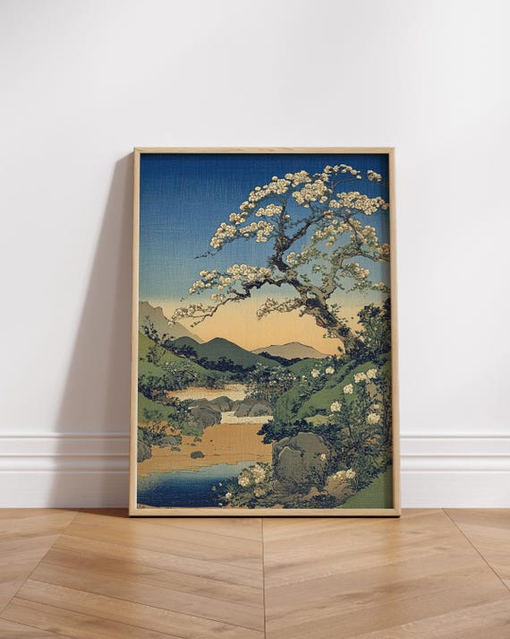 Japanese Cherry Blossom Tree Print Vintage Ukiyoe Style Landscape Art Poster Traditional Nature Scene Wall Decor