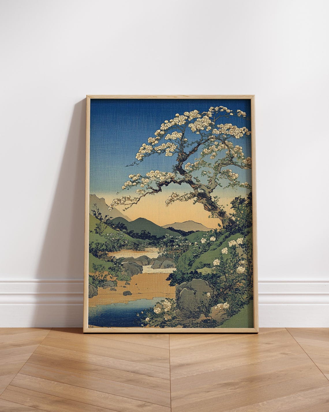 Japanese Cherry Blossom Tree Print Vintage Ukiyoe Style Landscape Art Poster Traditional Nature Scene Wall Decor