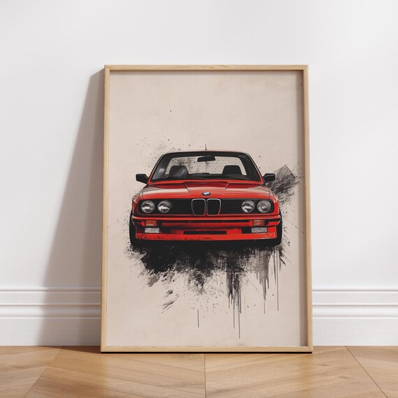 Red BMW E30 M3 Front View Black Splatter Ink Classic Sports Car Art Poster
