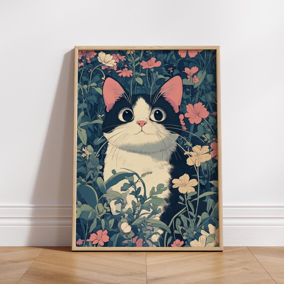 Whimsical Cat Nature Poster Cute Art Print Floral Wall Decor Lover Gift Home